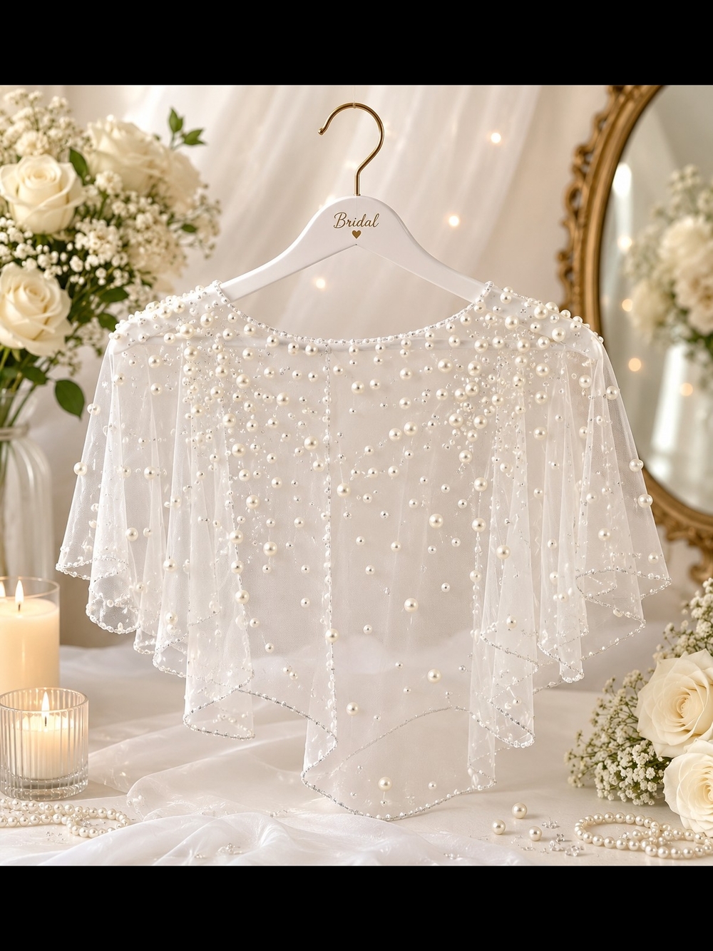Bridal Pearl-Embellished Sheer Capelet - White